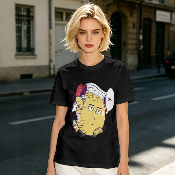 Oversized Olive T-Shirt with Saitama 'OK' Anime Graphic Print