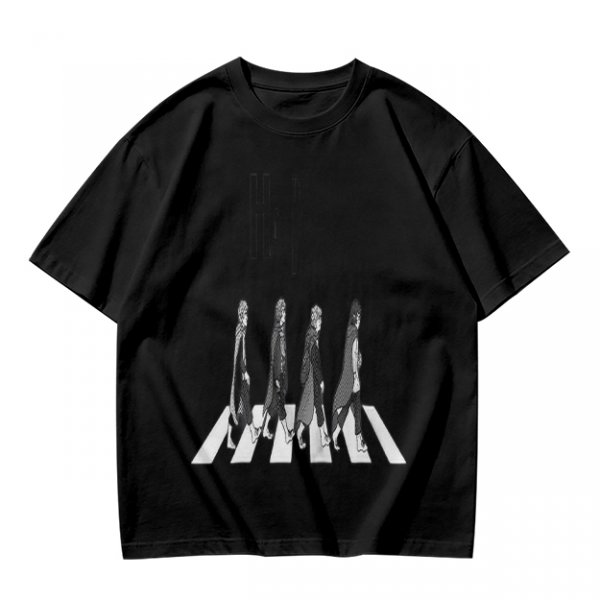Olive T-Shirt With Anime Characters Crossing Crosswalk Print