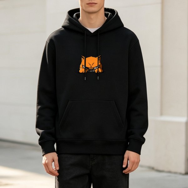 Black Hoodie With Angry Orange Cat Graphic Print