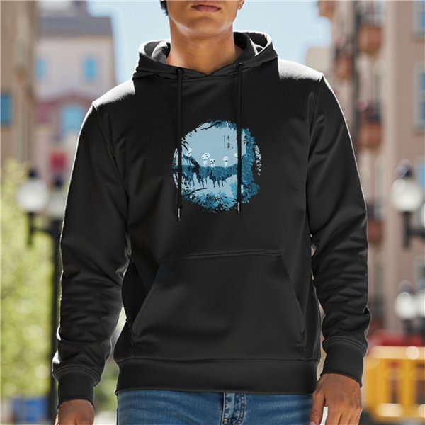 Black hoodie with forest spirit kodama graphic print