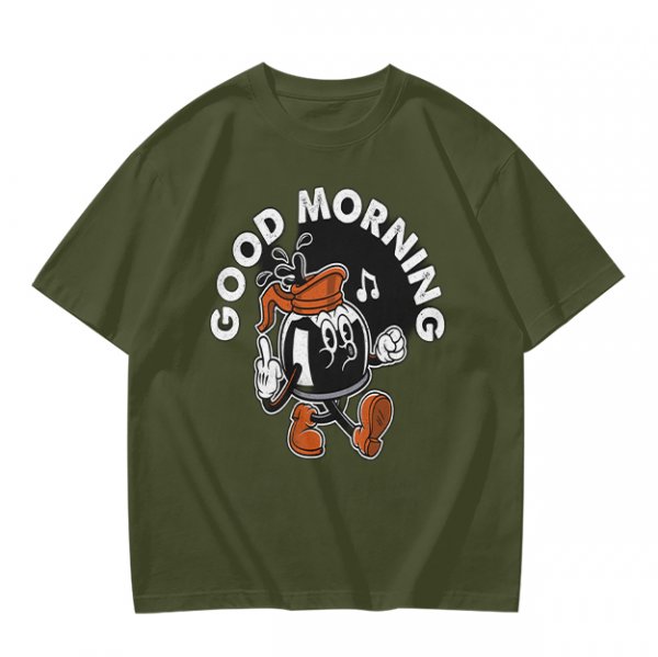 Olive t-shirt with retro coffee pot cartoon and Good Morning text