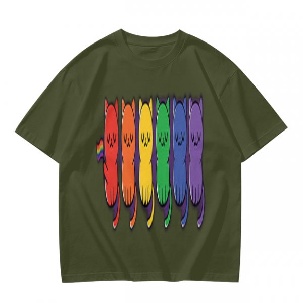 Olive T-Shirt With Rainbow Pride Cats Graphic