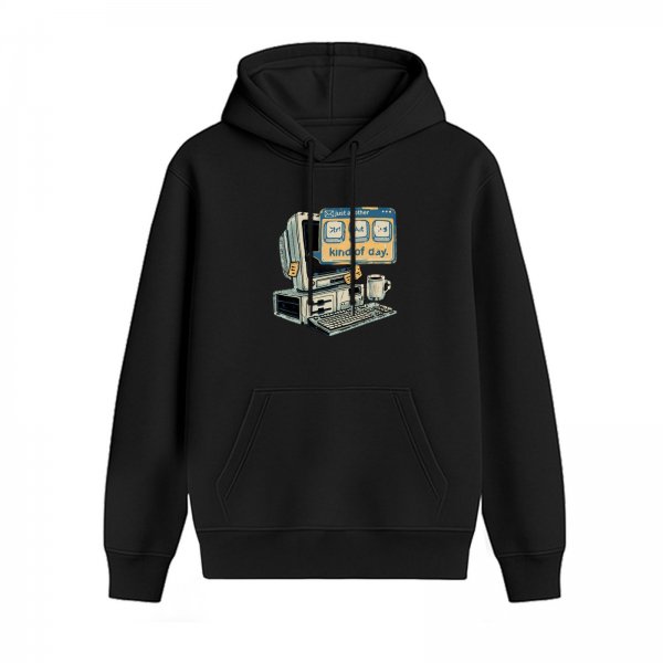 Black hoodie with retro computer 'kind of day' graphic