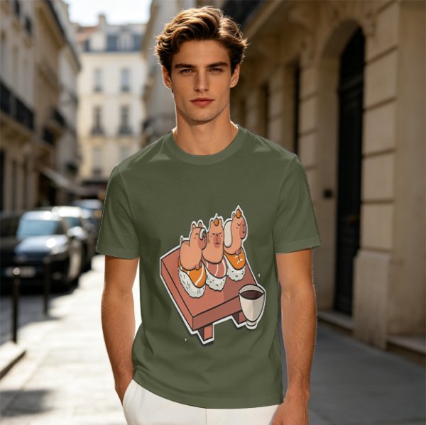 Olive green t-shirt with capybara sushi print design