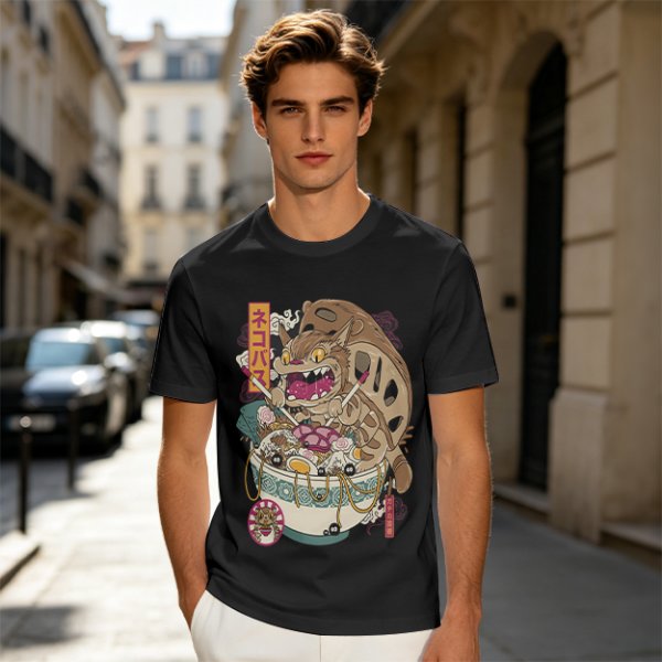 Olive t-shirt with cat bus ramen bowl graphic print
