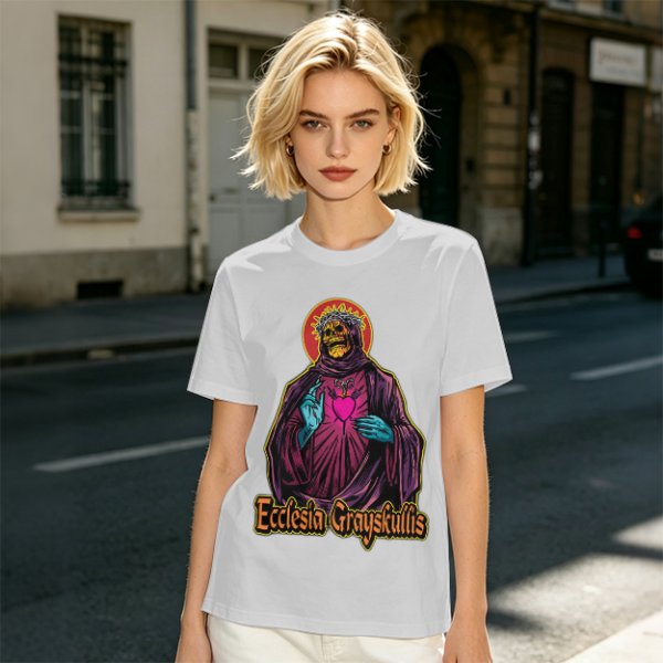 Olive t-shirt with skeleton religious graphic and Ecclesia Grayskullis text
