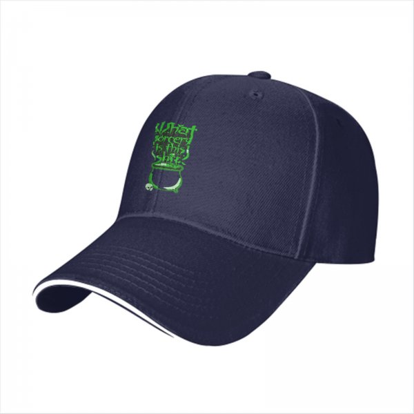 Black baseball cap with green 'What sorcery is this' cauldron graphic