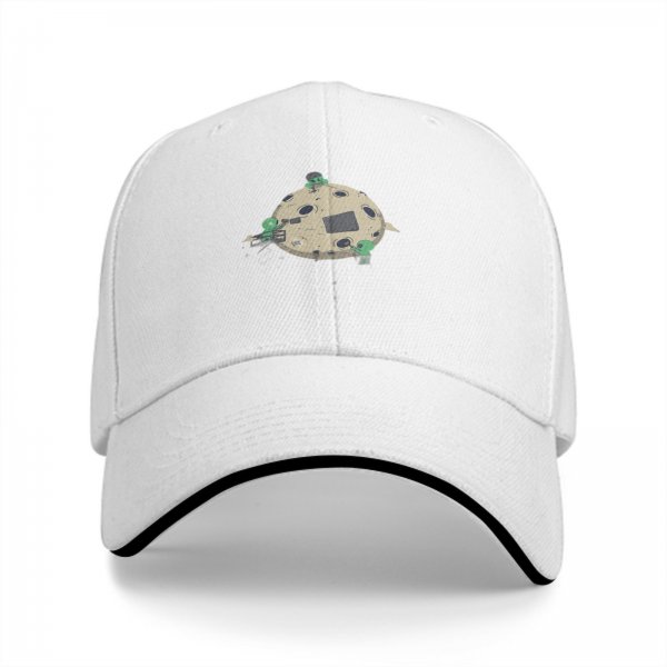 Black baseball cap with aliens repairing a cratered moon design