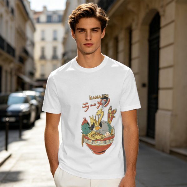 Olive T-Shirt with Kawaii Ramen Monster Bowl Graphic