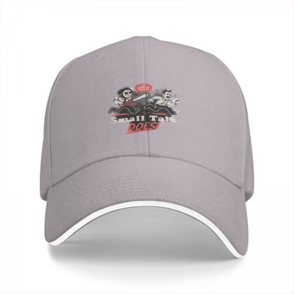 Black baseball cap with horror cartoon graphic and 'Small Talk Does' text