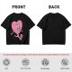 Oversized Olive T-Shirt with Retro Walking Pink Heart Cartoon Graphic