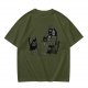 Olive Green T-Shirt With Playful Black Cat Graphic Print