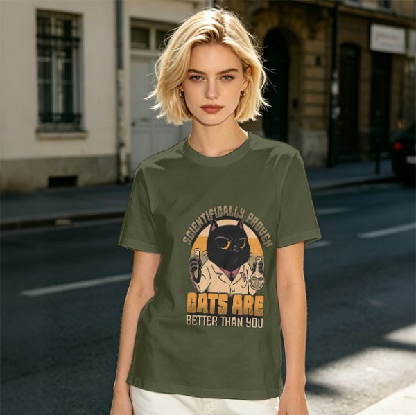Olive green t-shirt with scientifically proven cats are better than you cat scientist print