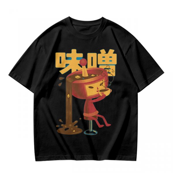 Olive green t-shirt with whimsical miso character graphic print