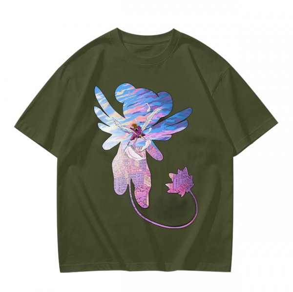 Olive T-Shirt With Whimsical Winged Creature Art Print