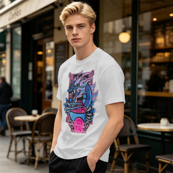 Olive T-Shirt With Neon Blue Dragon Holding Ramen Chopsticks Art