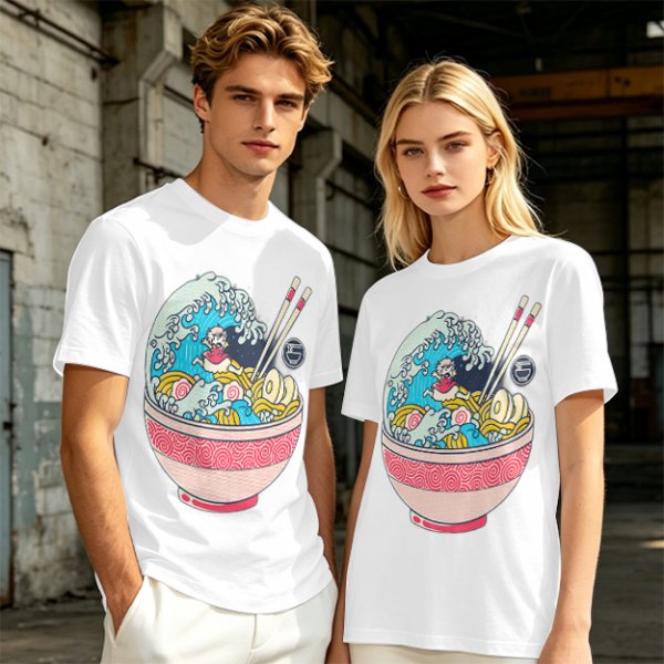 Olive T-shirt with Great Wave Ramen Bowl Graphic Design