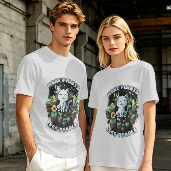 Olive T-shirt with 'More Plants Less People' Cat and Succulent Print