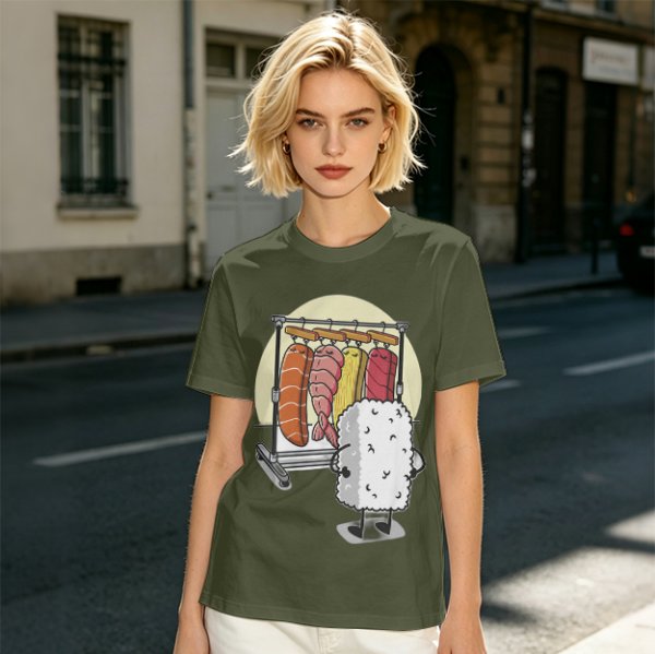 Olive T-Shirt With Funny Sushi Laundry Rack Graphic