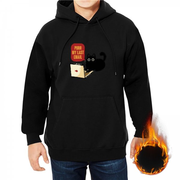 Black cat on laptop hoodie with 'Purr My Last Email' print