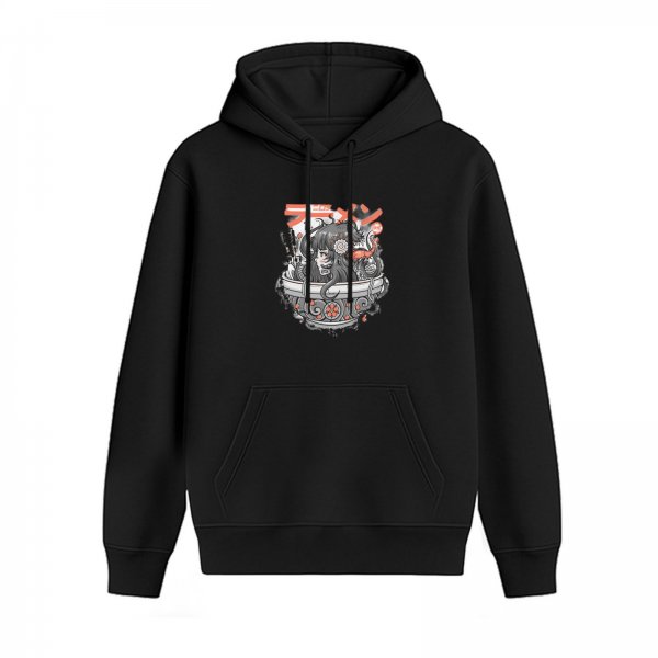 Black Hoodie with Japanese Ramen Themed Anime Graphic Print