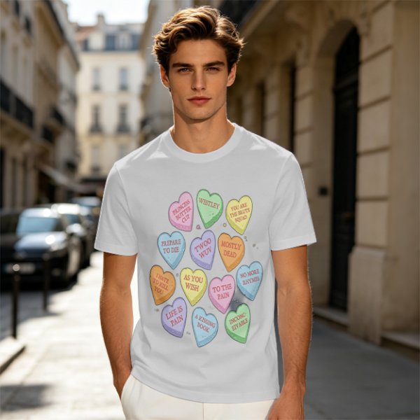 Olive T-shirt with Princess Bride themed conversation heart candies