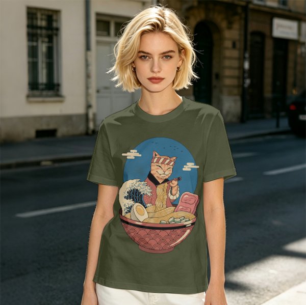 Cat Chef Eating Ramen in Great Wave Bowl T-Shirt