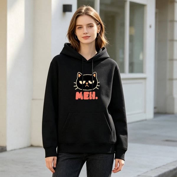 Black Hoodie With Grumpy Cat 'MEH' Graphic Print