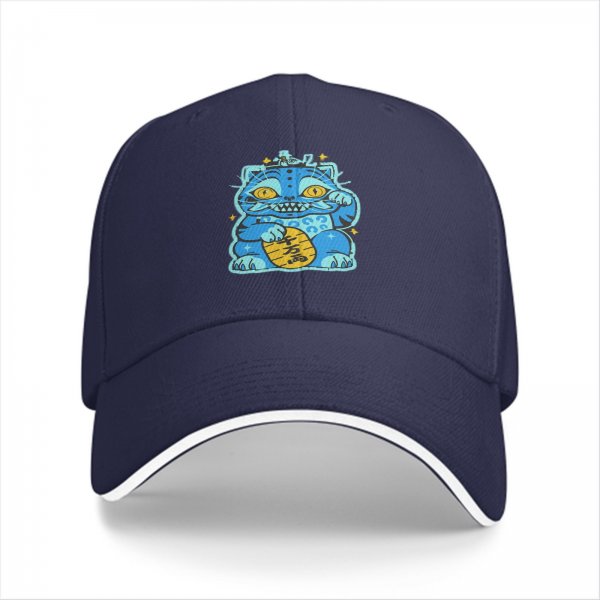 Black Baseball Cap With Blue Maneki-Neko Lucky Cat Graphic