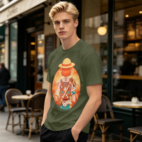 Olive T-Shirt Featuring Anime Character With Straw Hat Back View