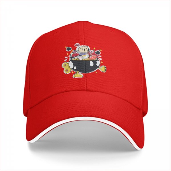 Black baseball cap with cute cartoon character in ramen bowl print