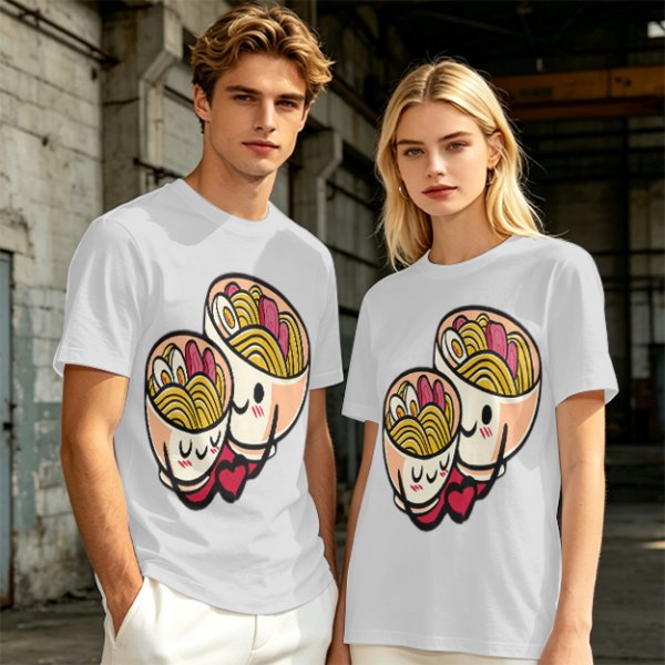 Olive T-Shirt With Cute Hugging Ramen Bowl Couple Print