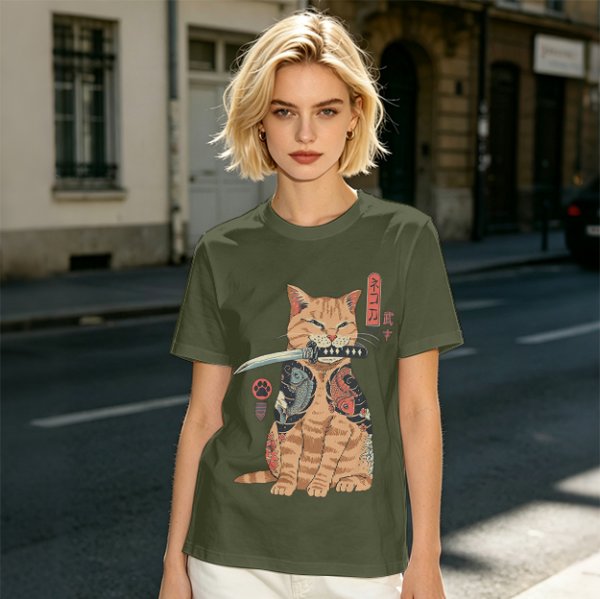 Olive T-Shirt With Samurai Cat Holding Katana And Koi Tattoos