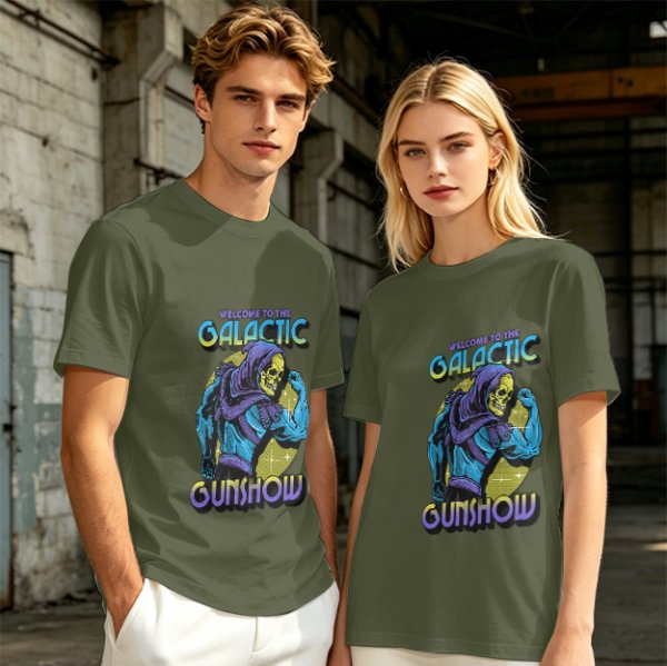 Olive T-shirt with Galactic Gunshow Skeleton Graphic Print