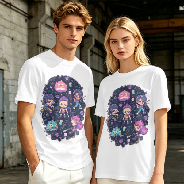 Olive T-shirt with Chibi Fantasy Characters and Whimsical Art Print