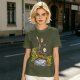 Olive T-shirt with fantasy characters balancing on a log over a stream