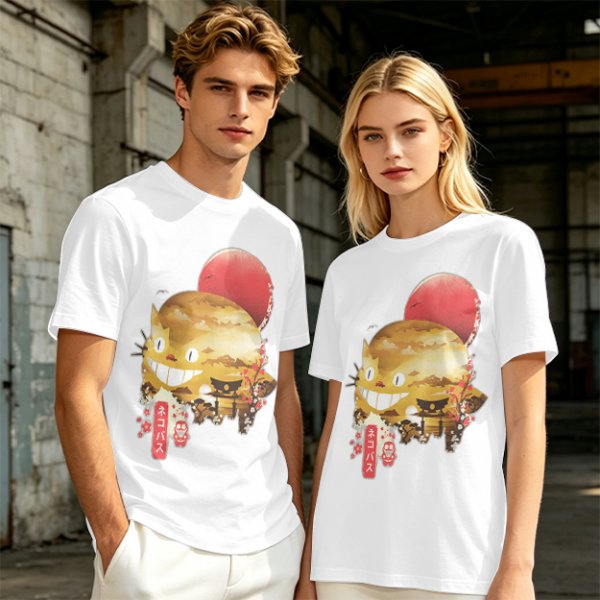 Olive t-shirt with Japanese cat bus and sun graphic