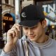 Black Baseball Cap with Black Cat on Crescent Moon Design