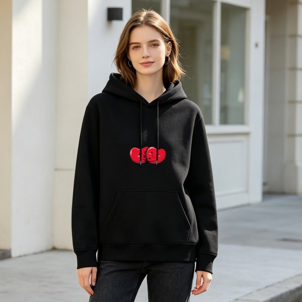 Black hoodie with kissing cartoon cherries graphic