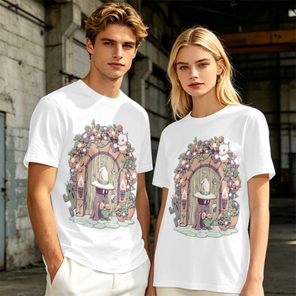 Olive T-Shirt With Whimsical Wizard Cat Garden Door Art