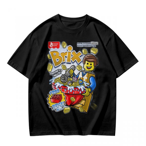 Olive t-shirt with Lego-style Brix cereal graphic print