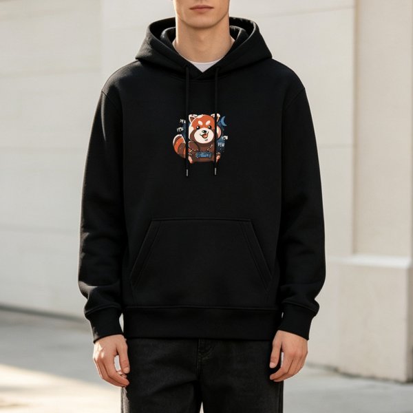 Black Hoodie with Cute Red Panda Pew Pew Graphic