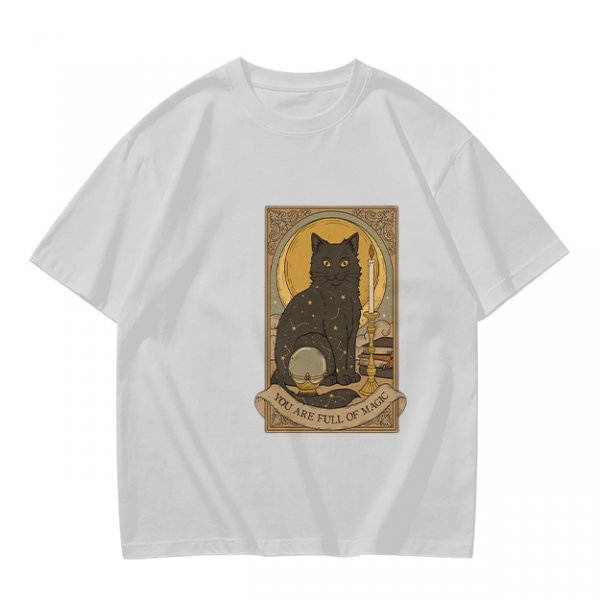 Olive T-Shirt With Black Cat Tarot Card Art That Says You Are Full Of Magic