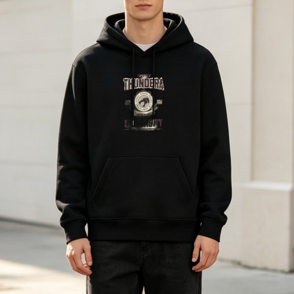 Black hoodie with Thundera University graphic print