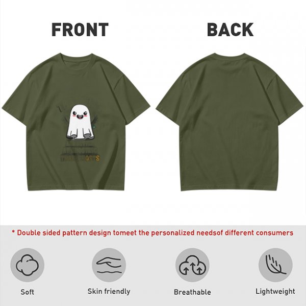 Olive T-shirt with Cute Smiling Ghost Graphic Print