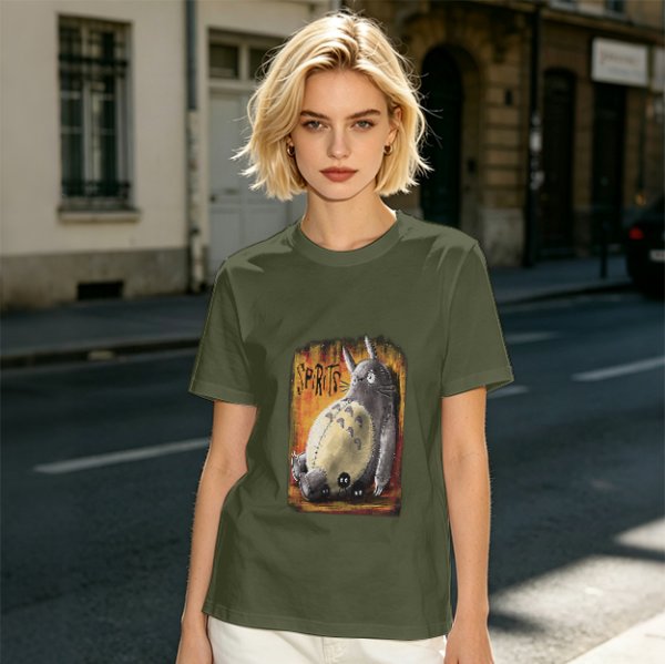 Olive green t-shirt with Totoro 'Spirits' graphic print