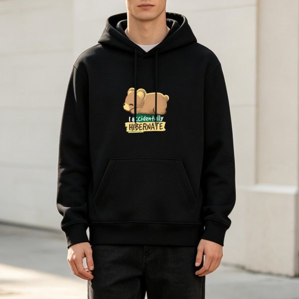 Black hoodie with cute sleeping bear and 'I accidentally hibernate' text