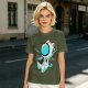 Olive T-Shirt with Astronaut Cat and Fish Graphic Print