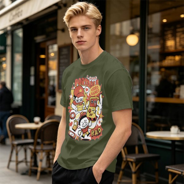 Olive T-Shirt With Retro Portable Video Games Cartoon Print