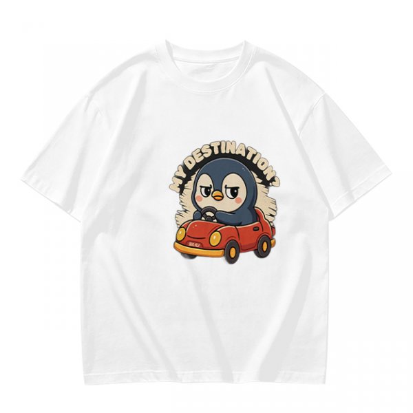 Olive T-Shirt With Cartoon Penguin Driving Car 'My Destination?' Print